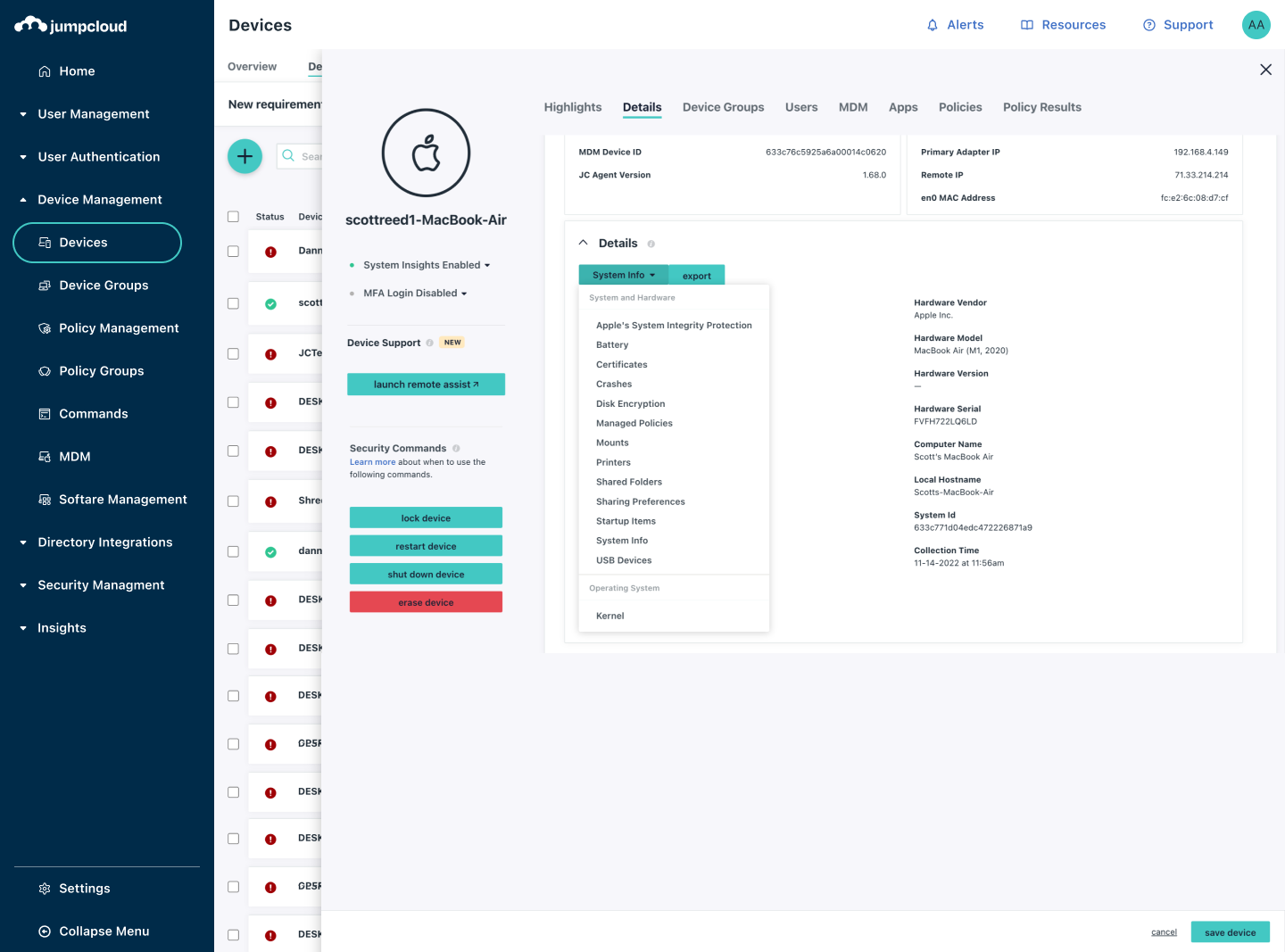 Central device diagnostics